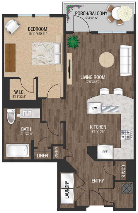 Floor plan for 1 bed, 1 bath, 696 sqft